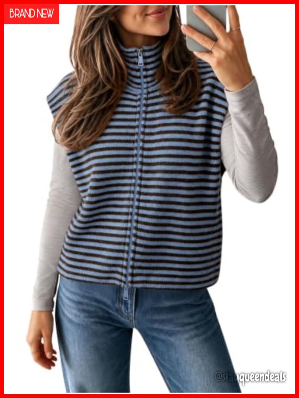 Striped Zip Up Sweater Vest Cardigan Knit Sleeveless Top